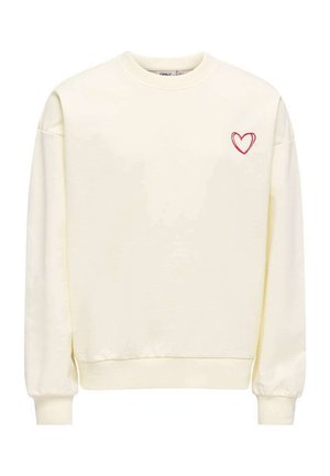 Sweat-shirt crème à manches longues avec poignets et ourlet côtelés, avec un petit cœur rouge brodé sur la poitrine gauche.