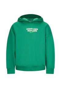Felpa con cappuccio verde realizzata in materiale morbido, con la scritta “DOWN TOWN NEW YORK” in una tonalità più chiara. Maniche lunghe con polsini a costine.