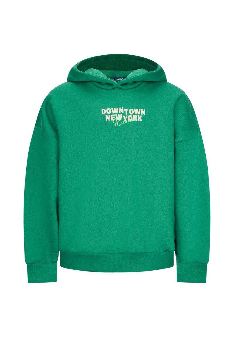 Felpa con cappuccio verde realizzata in materiale morbido, con la scritta “DOWN TOWN NEW YORK” in una tonalità più chiara. Maniche lunghe con polsini a costine.