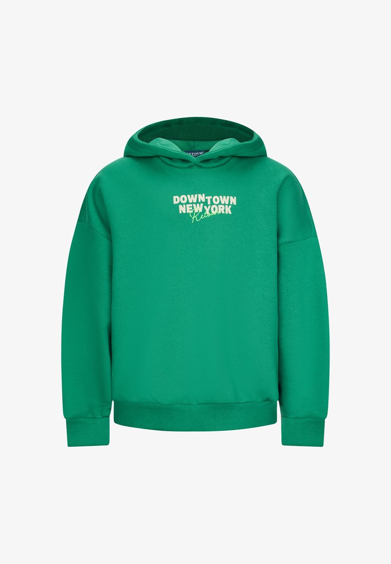 Felpa con cappuccio verde realizzata in materiale morbido, con la scritta “DOWN TOWN NEW YORK” in una tonalità più chiara. Maniche lunghe con polsini a costine.