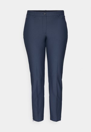 Navyblaue, taillierte Slim-Fit-Hosen mit Knopfverschluss, Gürtelschlaufen, seitlichen Reißverschlusstaschen und Reißverschlüssen an den Knöcheln beider Beine.