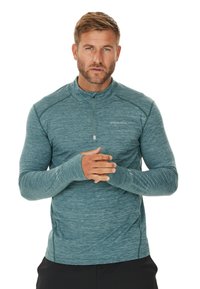 Langsleeve, met rits, top in gemêleerd teal stof. Heeft duimgaten en subtiele branding, biedt een aansluitend ontwerp voor sportkleding.