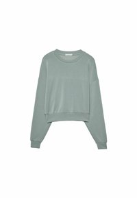 Sudadera corta en verde menta con cuello redondo, hombros caídos y puños acanalados, fabricada con un tejido suave y ligero.