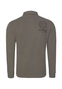 Long-sleeve polo shirt in olive green cotton with a ribbed collar and a logo print on the upper back, featuring a side label accent.