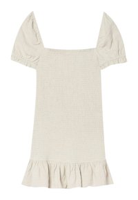 Robe beige clair à manches courtes bouffantes, col carré et tissu texturé, avec un ourlet volanté au bas.