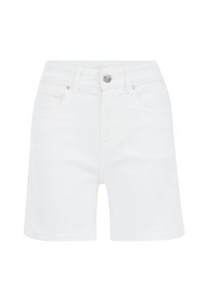 Shorts din denim alb cu un design ajustat, stil cu cinci buzunare, închidere cu buton frontal și o textură netedă. Lungimea ajunge până la jumătatea coapsei.