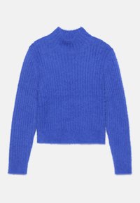 Pull en maille côtelée bleu avec un col montant, des manches longues et un ourlet cropped. La texture semble douce et duveteuse.