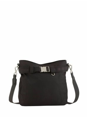 Bolso de hombro negro con correa ajustable, detalle de hebilla plateada en la correa delantera y cierres metálicos en ambos lados.