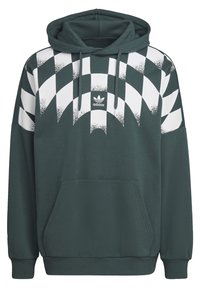 Zelená mikina s kapucí a bílým grafickým vzorem, přední kapsou a žebrovanými manžetami. Logo Adidas uprostřed hrudi. Měkká textura látky.