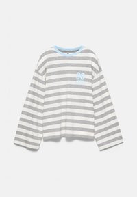 Long-sleeve shirt with horizontal gray and white stripes and light blue neckline, featuring a light blue "98" and text on the chest.