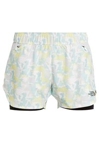 Lätta träningsshorts med ett pastellfärgat abstrakt mönster i blått och limegrönt, med elastisk midjeband och sidofickor.