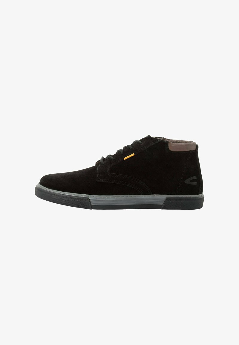 Black suede high-top sneakers with a textured finish, gray rubber sole, and a small brown accent at the heel; featured lace-up design.