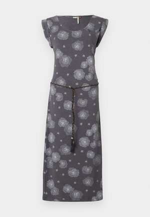 Sivina obleka s cvetličnim vzorcem iz mehkega materiala, s kratkimi rokavi, okroglo ovratnico in pletenim pasom s detajlom resice na pasu.