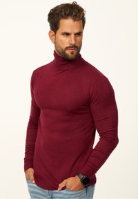 Burgunderfarbener Rollkragenpullover aus weichem Strickstoff, taillierte Passform mit langen Ärmeln, gerippten Säumen und einer dezent strukturierten Oberfläche.