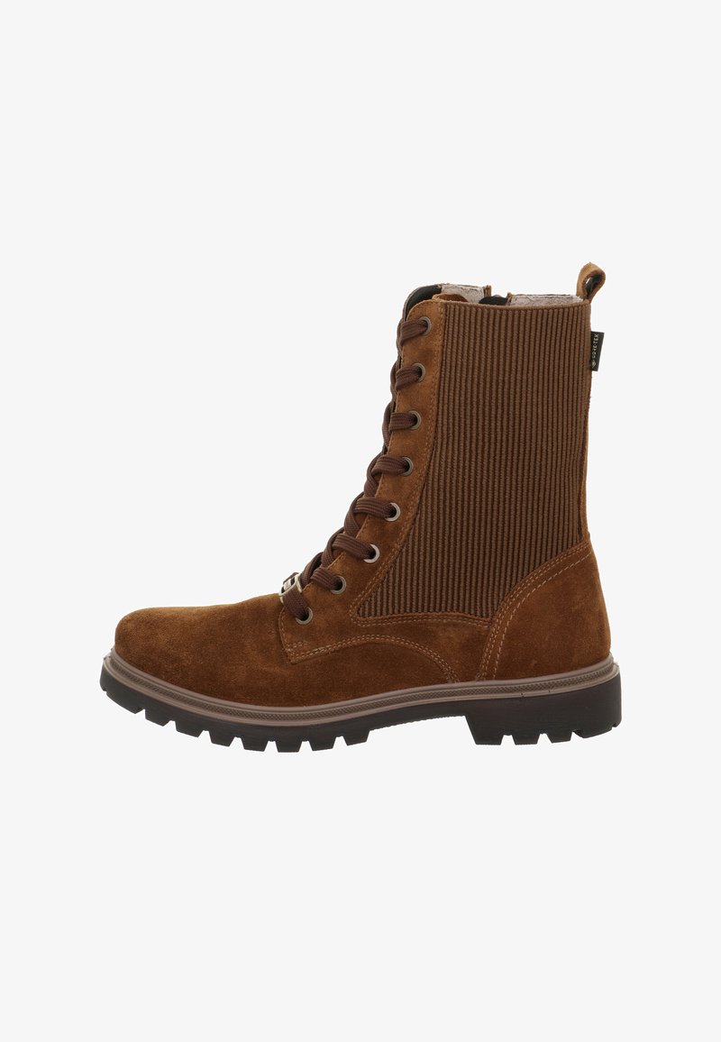 Brauner Wildlederkampfstiefel mit geripptem textilen Schaft, Metallösen, Schnürverschluss und Gummiaußensohle mit robustem Profil.