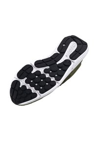 Suola della scarpa con un battistrada in gomma nera testurizzata su una base bianca, caratterizzata da motivi circolari per grip e supporto. Parte superiore mostrata in colore oliva.