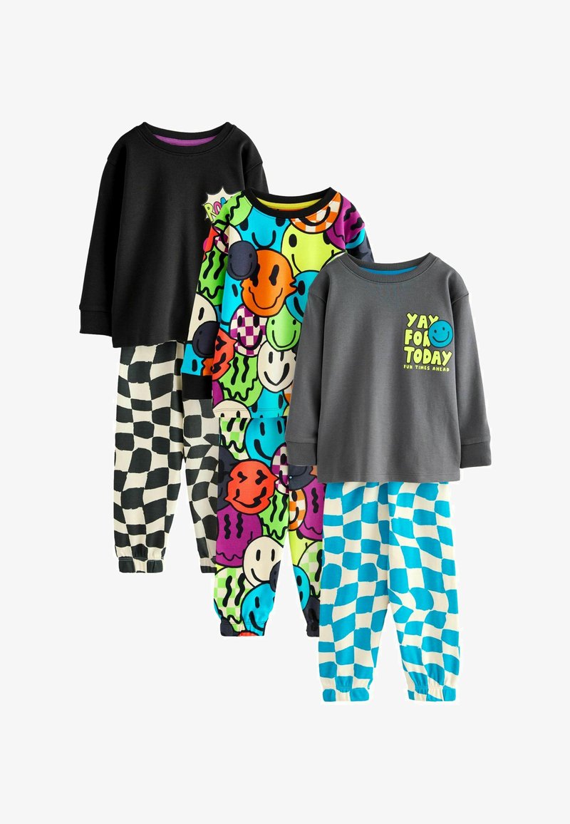 Four sets of colorful loungewear: black long-sleeve top with graphic, patterned sweatshirts, and checkered pajama pants in vibrant colors.