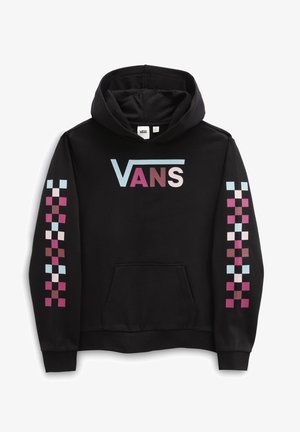Haut à capuche noir avec un logo central "VANS" dans des couleurs pastel, et un motif damier de couleurs variées sur les deux manches.