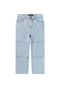 Ljust blå denimjeans med en avslappnad passform, hög midja, raka ben och kontrasterande panelstygn på framsidan.