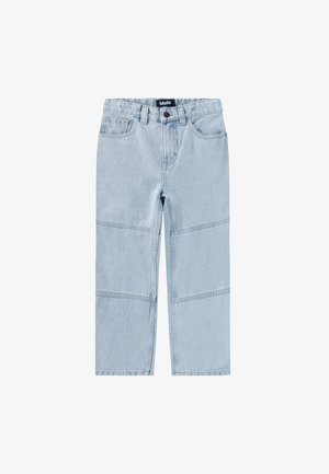 Jeans de ganga azul clara com um ajuste descontraído, apresentando uma cintura alta, pernas retas e costuras de painel contrastantes na parte frontal.