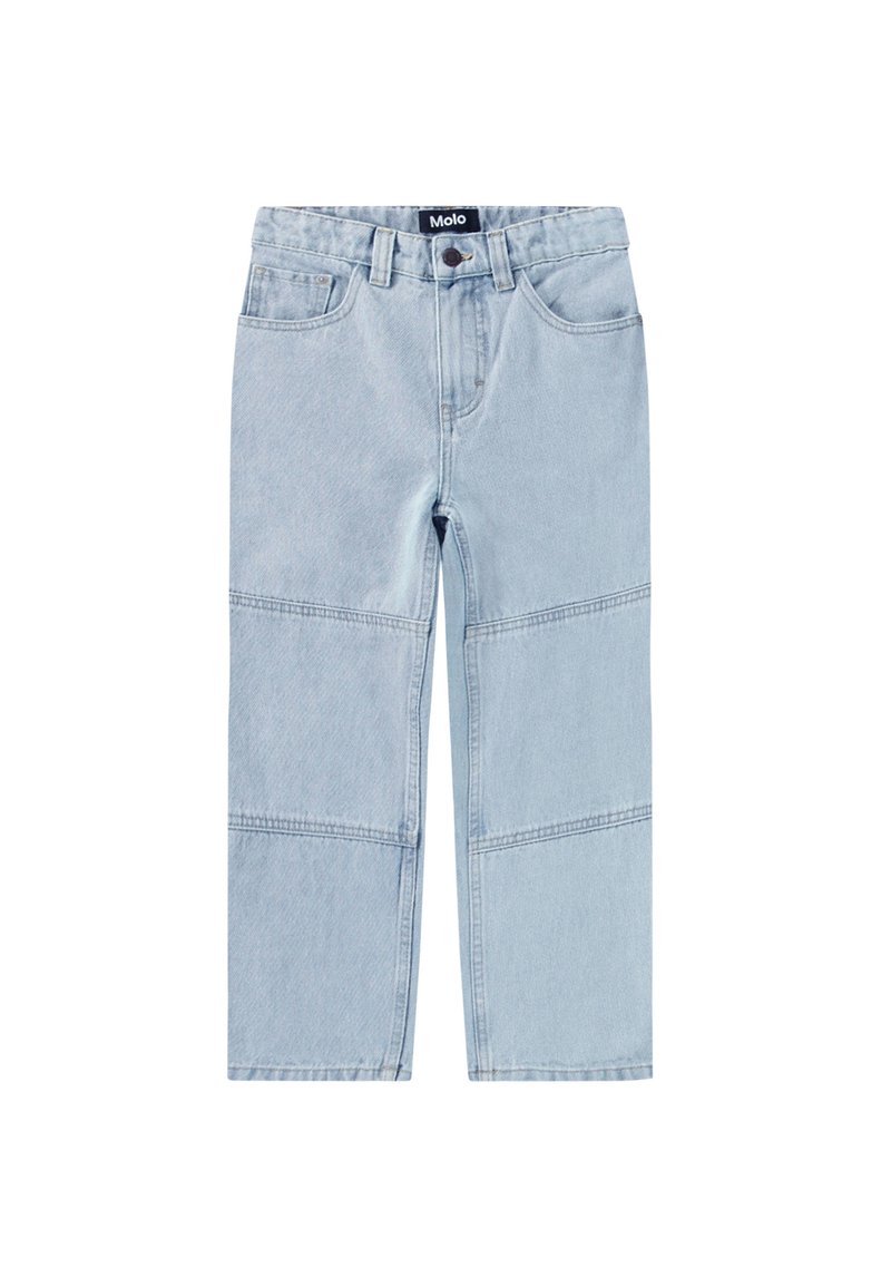 Ljust blå denimjeans med en avslappnad passform, hög midja, raka ben och kontrasterande panelstygn på framsidan.