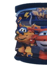 Scaldacollo per bambini realizzato in morbido pile, con personaggi dei cartoni animati colorati su uno sfondo blu scuro e accenti vivaci.