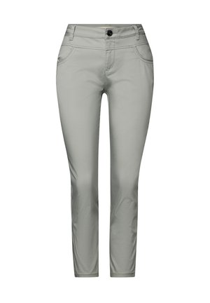 Light gray pants made of smooth fabric, featuring a fitted design, standard pockets, and a front button closure.
