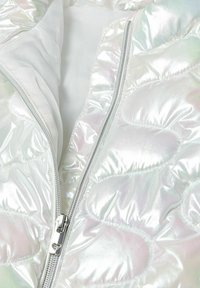 Iridescent quiltad jacka med en silverdragkedja, med en glänsande yta och puffiga sektioner, foder av slät vit tyg invändigt.