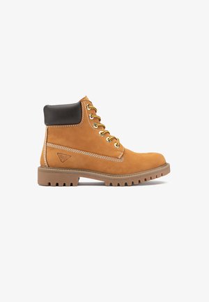Stivale da lavoro in pelle marrone chiaro con lacci, suola spessa scanalata e collo imbottito nero, logo laterale e lacci giallo-marroni.
