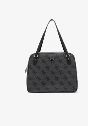 Sac à main noir à motif, avec fermeture éclair, deux poignées et une plaque logo. Présente un tissu texturé avec un design en diamant et des accents dorés.