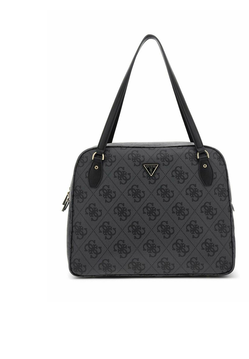 Sac à main noir à motif, avec fermeture éclair, deux poignées et une plaque logo. Présente un tissu texturé avec un design en diamant et des accents dorés.