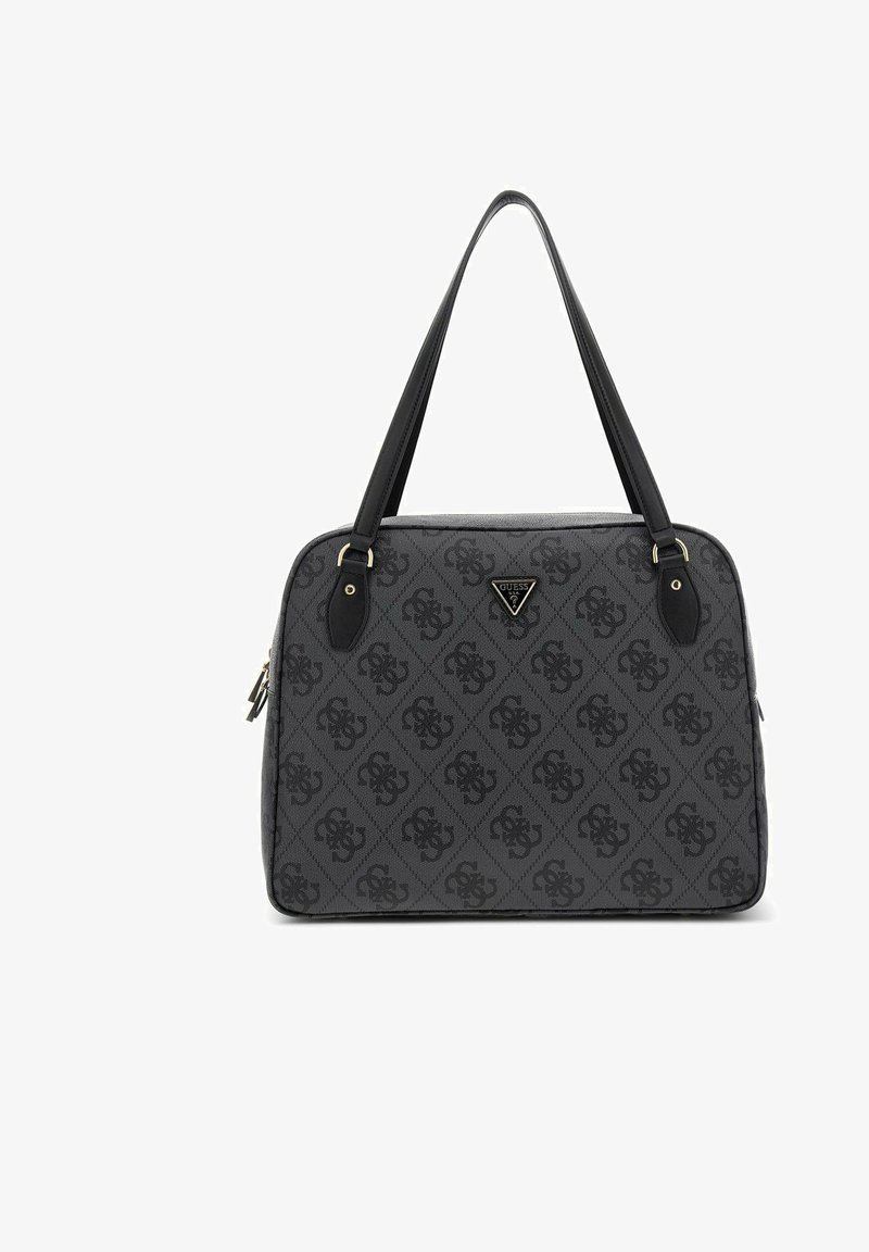 Sac à main noir à motif, avec fermeture éclair, deux poignées et une plaque logo. Présente un tissu texturé avec un design en diamant et des accents dorés.