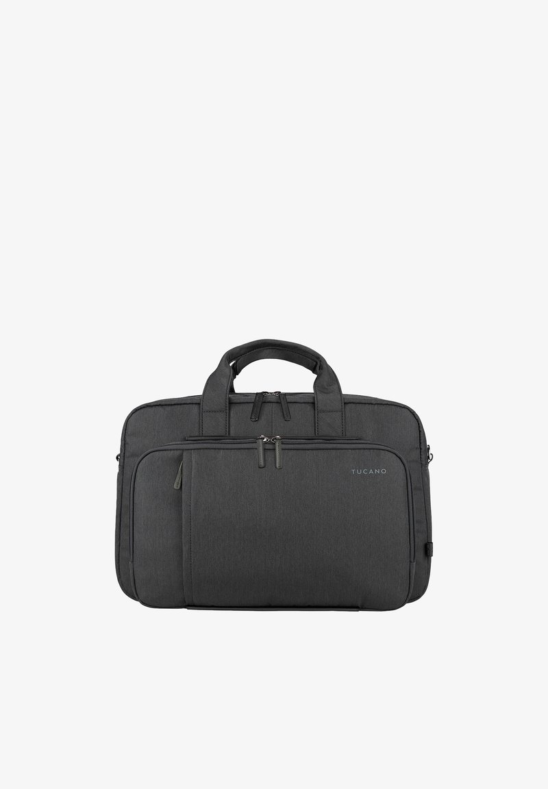 Morbidissima borsa per laptop nera con doppi manici, molteplici scomparti con cerniera e logo Tucano sulla tasca frontale.