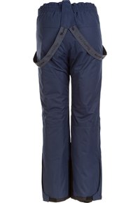 Pantalon de neige isolé bleu marine avec bretelles réglables et taille élastique, conçu pour les activités extérieures par temps froid.
