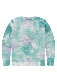 Sudadera tie-dye con una tela suave y ligera en tonos de azul verdoso y lavanda. Mangas largas con puños y bajo de ribete.