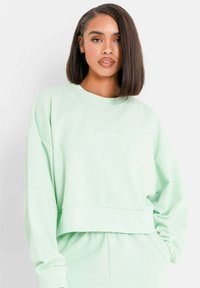 Mintgroene cropped sweatshirt met lange mouwen, ronde halslijn en subtiele logodetail op de borst. Zachte, gestructureerde stof.