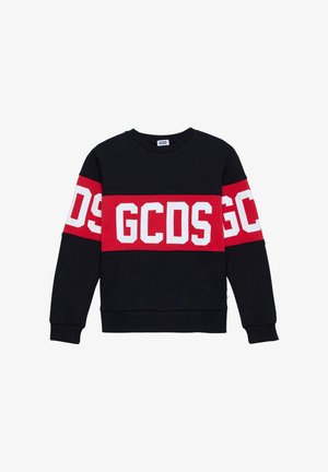Schwarzer Sweatshirt mit großen roten und weißen Streifen und dem Schriftzug "GCDS". Rippkragen und -bündchen, hergestellt aus weichem Stoff mit glatter Textur.