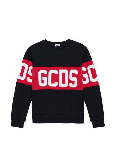 Schwarzer Sweatshirt mit großen roten und weißen Streifen und dem Schriftzug "GCDS". Rippkragen und -bündchen, hergestellt aus weichem Stoff mit glatter Textur.