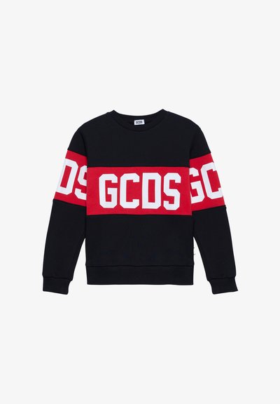 Schwarzer Sweatshirt mit großen roten und weißen Streifen und dem Schriftzug "GCDS". Rippkragen und -bündchen, hergestellt aus weichem Stoff mit glatter Textur.