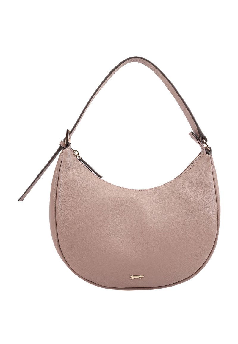 Sac à main en cuir rose doux avec une forme arrondie, une bandoulière unique et un logo doré. Texture lisse et fermeture éclair.