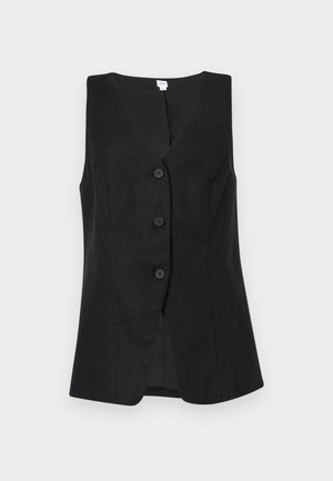 Sort ærmeløs vest med tre knapper foran, V-hals krave og skræddersyet pasform, vist på en ensfarvet lys baggrund.