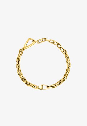 Złota bransoletka łańcuszkowa z naprzemiennymi ogniwami, z bezpiecznym zapięciem i gładkim, polerowanym wykończeniem. Prosty design z subtelnym połyskiem.