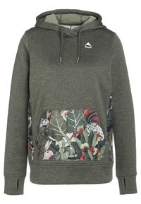 Sudadera verde con un bolsillo tipo canguro que presenta un estampado colorido con temática de naturaleza. Los cordones ajustables y los puños acanalados completan el diseño.