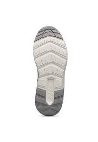 Suola della scarpa con un motivo di battistrada multidirezionale, prevalentemente bianca con accenti grigi, e un design rialzato e testurizzato per una maggiore aderenza.