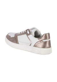 White sneaker with metallic bronze accents, smooth leather upper, perforated toe box, white rubber sole, round laces, and a textured heel.