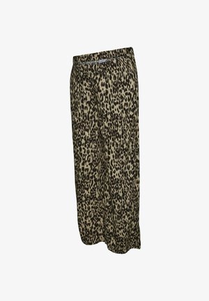 Leopardimustriga laiad püksid, mis on valmistatud kerge materjali, elastse vöökoha ning mugava lõikega. Värvitoonid: beež ja tumepruun.