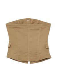 Tan Corsagenteil im Stil mit strukturiertem Design, seitlichen Taschen, breitem Saum und sichtbaren Nähten. Aus robustem Material gefertigt.