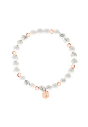 Stretch bracelet with round white marbled beads and smaller rose gold beads, featuring a hanging rose gold circular charm with a cross cut-out.