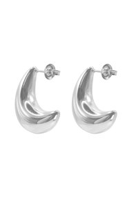 Orecchini a cerchio in tono argento con una forma curva a mezzaluna. Superficie liscia con una finitura lucida. Presentano una chiusura a perno sicura.