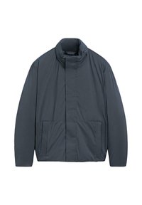 Dunkelgraue wattierte Jacke mit hohem Kragen, zwei Fronttaschen und glatter Textur. Einfaches Design ohne sichtbare Verschlüsse oder Verzierungen.